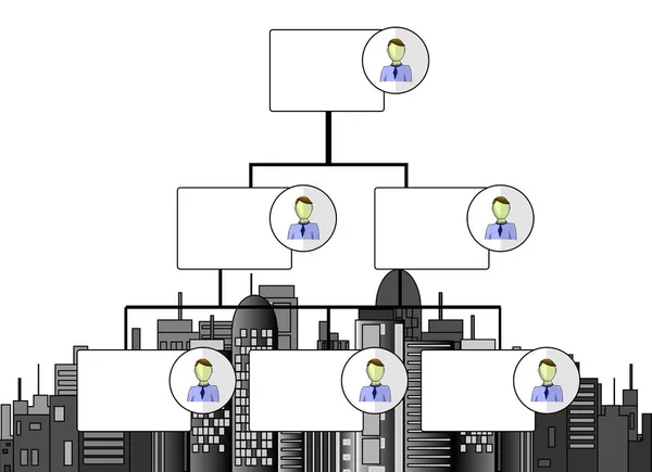 Ilustração de organograma com skyline escritórios de negócios —  Vetores de Stock