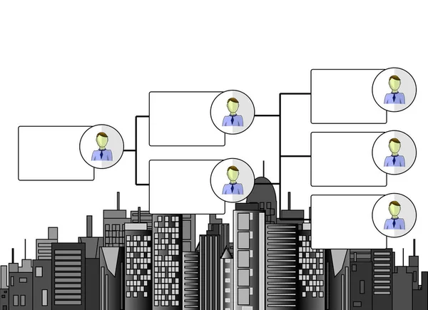 Illustration of organogram with business offices skyline — Stock Vector