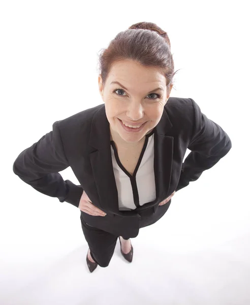 Young business woman looking up from above isolated on white background — Stock Photo, Image