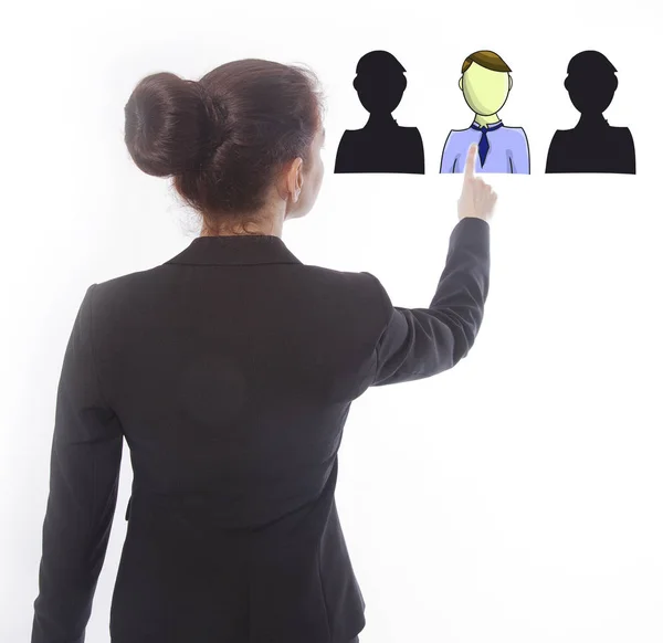 Ung affärskvinna att välja virtuell online vänner isolerade på vit bakgrund — Stockfoto