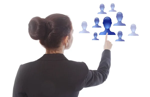 Beyaz arka plan üzerinde izole sanal online arkadaşlar seçerek genç iş kadını