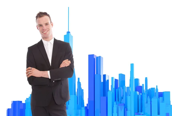 Jonge zakenman permanent met 3D-gerenderde kantoorgebouw achtergrond — Stockfoto