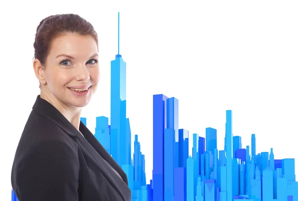 Business woman with 3d rendered blue skyline isolated on white background — Stock Photo, Image