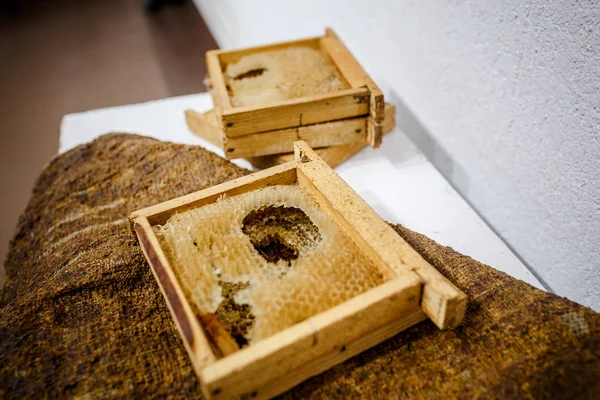 Nids d'abeilles vides reposent sur un tissu brun — Photo