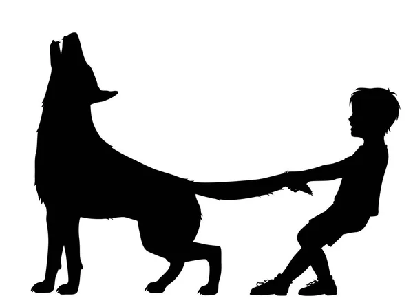 Garçon tirant queue de loup — Image vectorielle