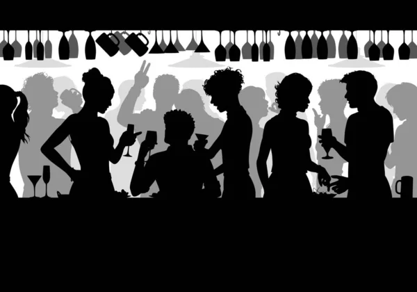 Silueta Vectorial Editable Personas Disfrutando Bar Lleno Gente Con Todos — Archivo Imágenes Vectoriales