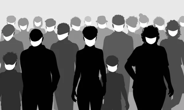 Editable Vector Silhouettes Group People All Wearing Facemasks — Stock Vector