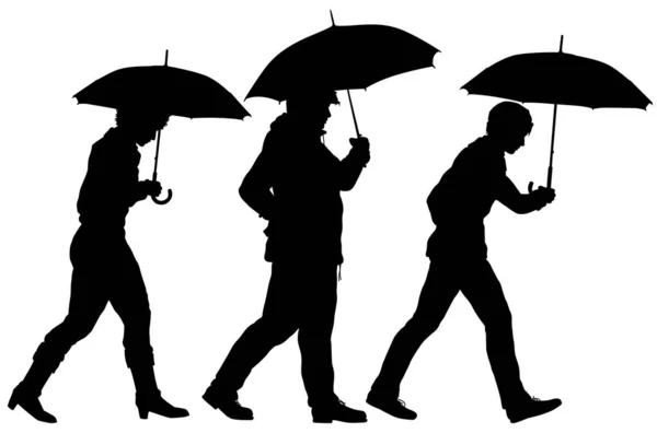 Editable Vector Silhouette Three People Walking Umbrellas Umbrellas Separate Objects — Stock Vector