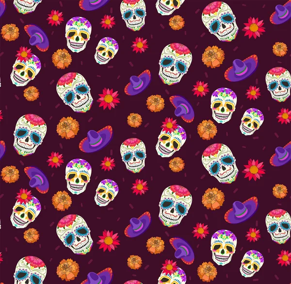 Calavera, sambrero ve çiçek deseni