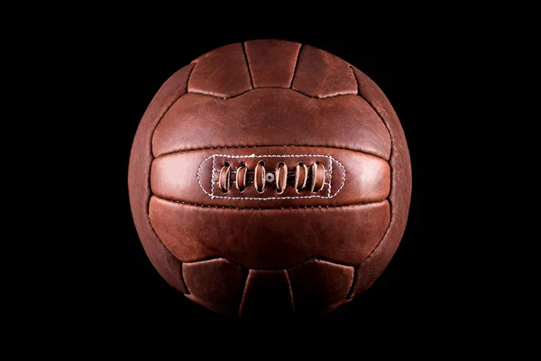 Vieux Ballon Football Cuir Sur Fond Noir — Photo