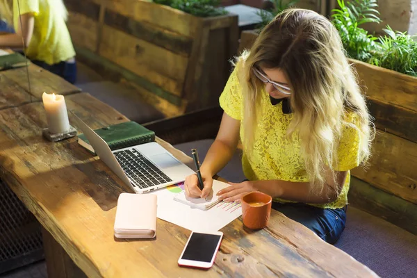 Netbook, sevimli kadın başarılı freelancer kafede otururken dizüstü bilgisayar kullanan çalışan genç kız öğrenci
