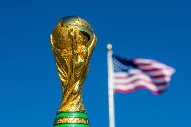 Usa, New York, Ekim 2019: Fifa Dünya Kupası arka planda Usa bayrağı