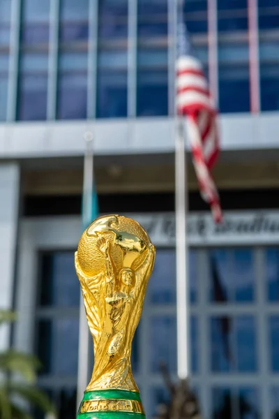 2019年10月 以乌萨旗帜为背景的世界杯足球赛 — 图库照片