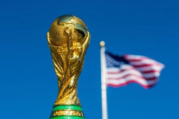 2019年10月 以乌萨旗帜为背景的世界杯足球赛 — 图库照片