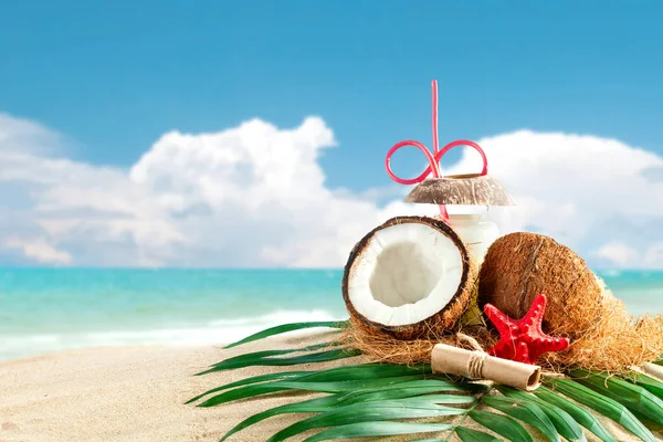 Composición marina de coco y hojas de palma en el fondo de hermoso paisaje marino . —  Fotos de Stock