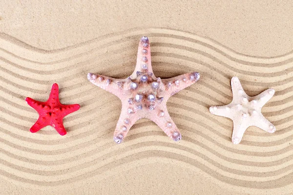 Tres estrellas de mar yacen en la arena hasta el mar . — Foto de Stock