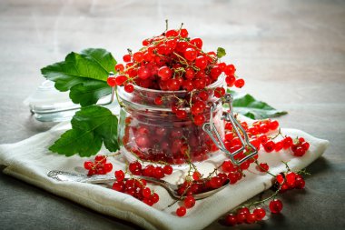 Ahşap bir masa üzerinde olgun kırmızı kuş üzümü.