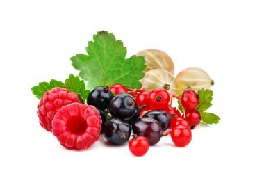 Lezzetli olgun Ahududu ve beyaz bir arka plan üzerinde kuş üzümü.