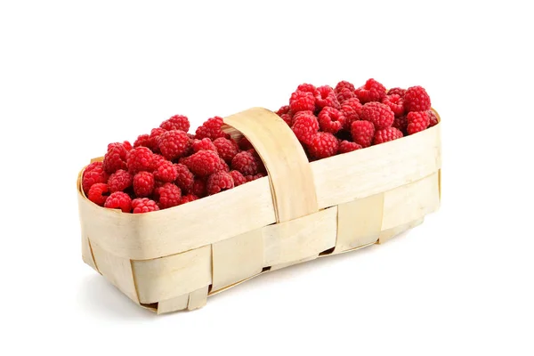 Tasty ripe raspberries in the basket on white background. — Stock Photo, Image