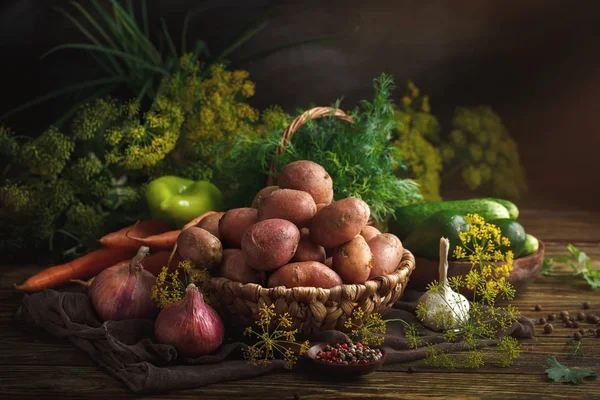 Summer still life of ripe vegetables and dill. — Stock Photo, Image