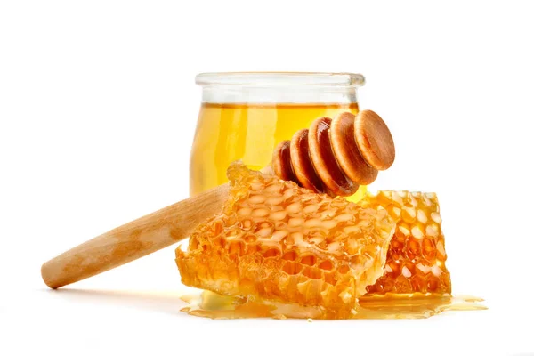 Bank with fresh honey and honeycomb on white background. — Stock Photo, Image