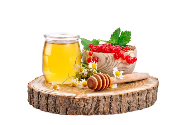 En burk av färsk honung, kamomill och röda vinbär på vit bakgrund. — Stockfoto