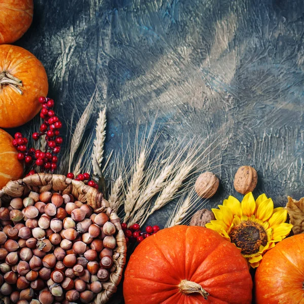 Tabel versierd met pompoenen en. Harvest Festival, Happy Thanksgiving. — Stockfoto