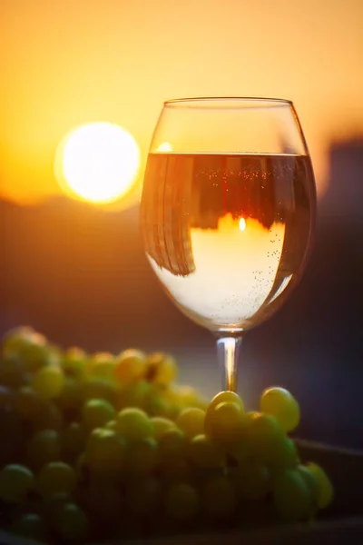 A glass of white wine at sunset, with the reflection of the houses. — Stock Photo, Image