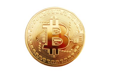 Bitcoin beyaz bir arka plan üzerinde altın sikke.