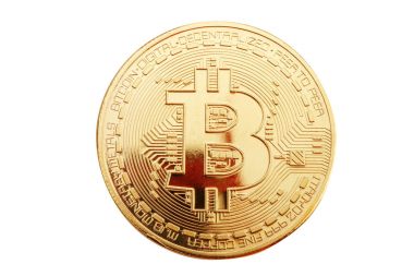 Bitcoin beyaz bir arka plan üzerinde altın sikke.