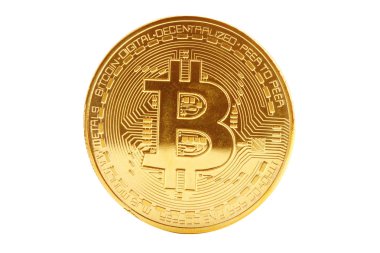 Bitcoin beyaz bir arka plan üzerinde altın sikke.