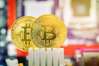 İki altın bitcoin anakart arka planı.