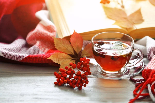Tasse Tee, Vogelbeere und Buch auf einem Holztisch. Herbst-Stillleben. — Stockfoto