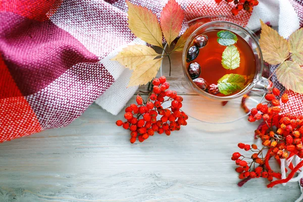 Eine Tasse Tee und Vogelbeeren auf einem Holztisch. Herbst-Stillleben. — Stockfoto