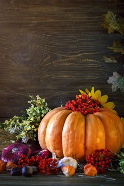 De houten tafel versierd met groenten, pompoenen en herfstbladeren. Herfst achtergrond. Schastlivy von Thanksgiving Day. — Stockfoto