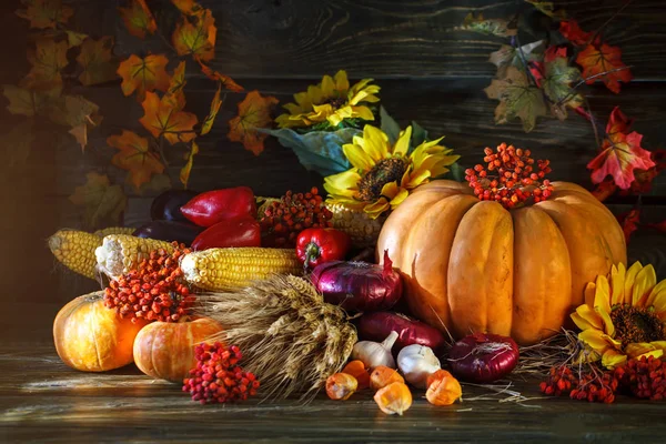 Tabellen trä dekorerad med grönsaker, pumpor och höstlöv. Hösten bakgrund. Schastlivy von Thanksgiving Day. — Stockfoto