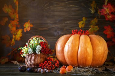 Ahşap masa vahşi kabaklar ve sonbahar yaprakları tarafından çiçeklerle süslenmiş. Sonbahar arka plan. Mutlu Şükran günü arka plan.