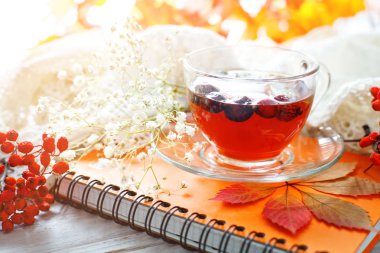 Fincan çay, Rowan ve ahşap masa üstünde not etmek. Sonbahar natürmort.