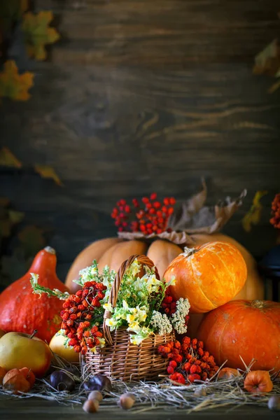 De houten tafel versierd wild met bloemen van pompoenen en herfstbladeren. Herfst achtergrond. Happy Thanksgiving Day achtergrond. — Stockfoto