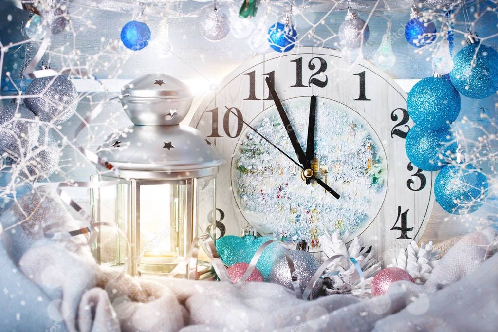 Christmas winter background, Christmas decorations hours and candle. Happy New year. Merry Christmas.