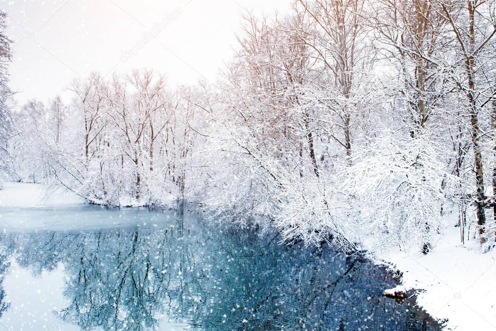 Beautiful winter landscape with snow covered trees. Happy New Year. Merry Christmas