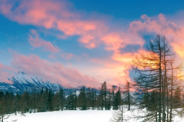 Ένα όμορφο ηλιοβασίλεμα στην περιοχή των Άλπεων. Χειμωνιάτικο τοπίο στο βουνό. — Φωτογραφία Αρχείου