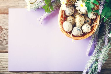 Mutlu Paskalyalar. Paskalya arkaplanını tebrik ederim. Paskalya yumurtası ve çiçekleri.