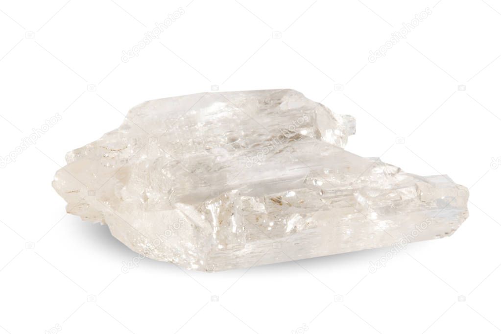 Macro shooting of natural gemstone. Mountain crystal. Isolated object on a white background.