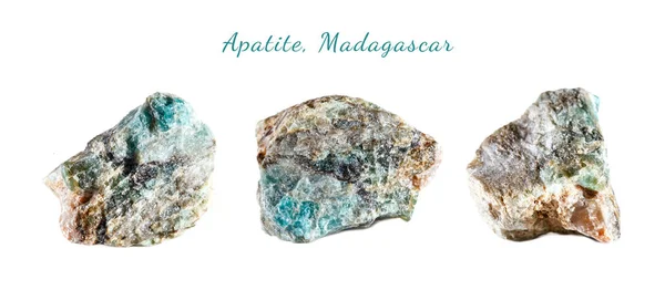 Макрос, зйомки з природними дорогоцінними каменями. RAW мінеральних апатитового. Мадагаскар. Ізольований об'єкт на білому фоні. — стокове фото