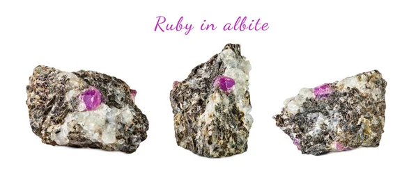 Макрос, зйомки з природними дорогоцінними каменями. RAW мінеральних ruby в Альбіт. Карелії. Ізольований об'єкт на білому фоні. — стокове фото