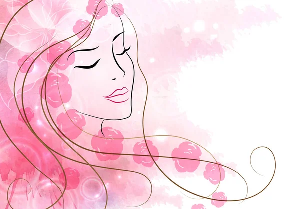 Mooie vrouw met bloemen. Aquarel roze achtergrond. Moeder s dag, 8 maart, schoonheid, stijl . — Stockfoto