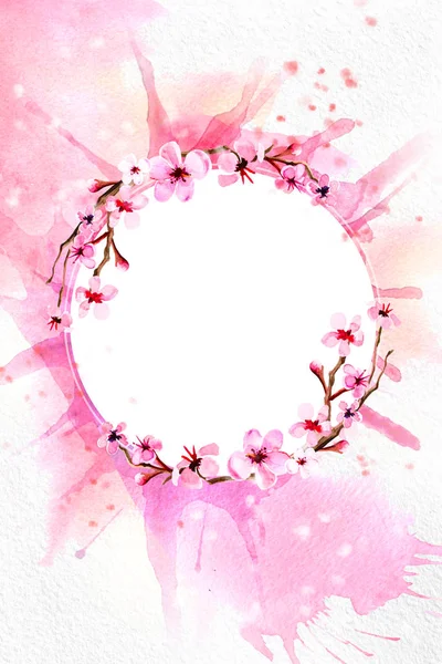 Třešňový květ na růžovém pozadí akvarel. — Stock fotografie