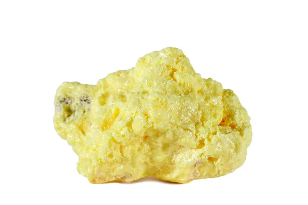 Makro doğal gemstone çekim. Ham maden kükürt, Endonezya. Yalıtılmış nesne üzerinde beyaz bir arka plan.