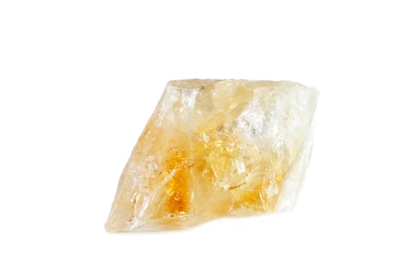 Λήψη macro από πολύτιμες πέτρες. Το ακατέργαστο ορυκτό είναι citrine. Βραζιλία. Απομονωμένο αντικείμενο σε λευκό φόντο. — Φωτογραφία Αρχείου